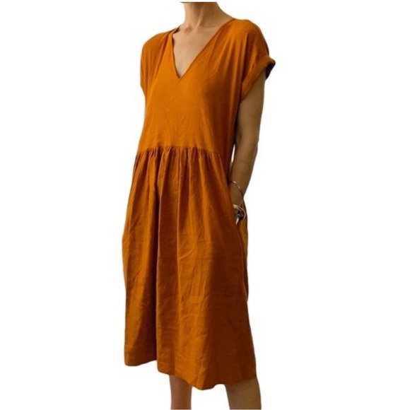 Lou & Grey by Loft Linen Blend Midi Dress Cap Sleeve V-Neck - Picture 1 of 9
